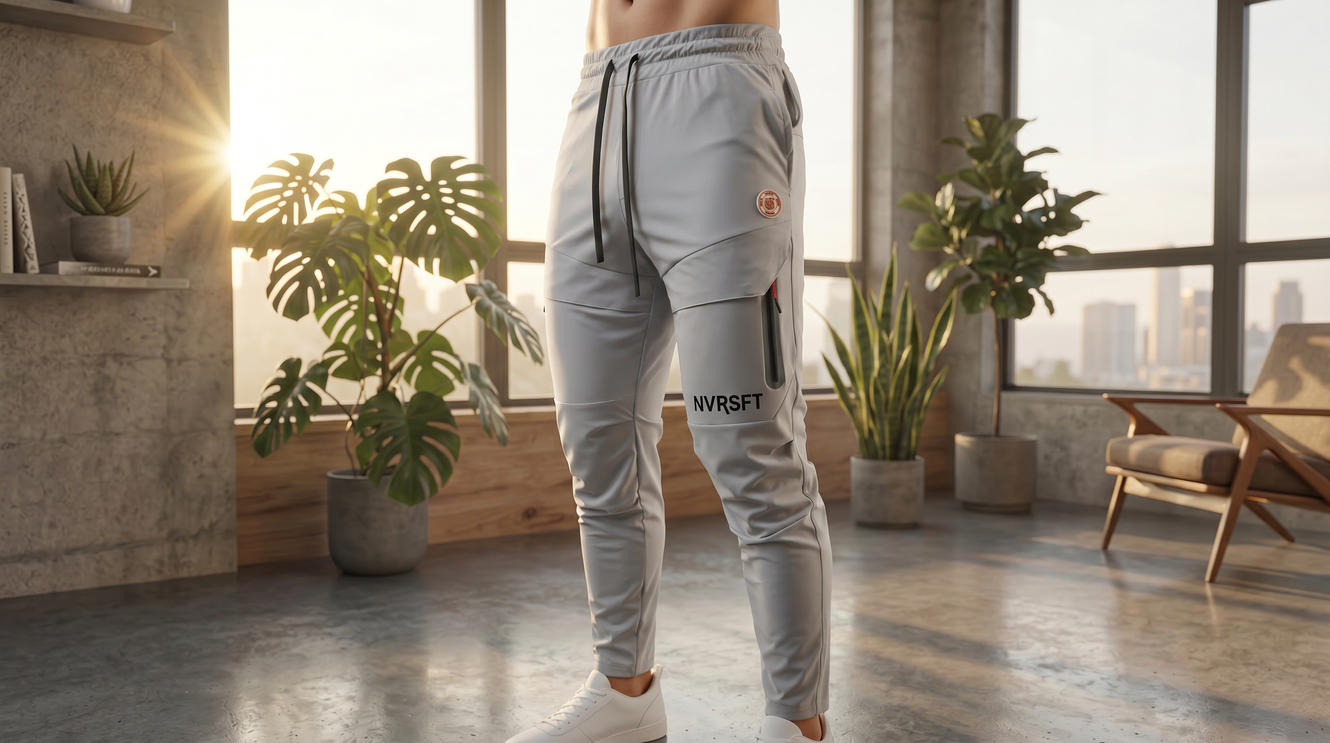 Active Jogger NVRSFT Sport Stay Cool gris claro con rib alto — pantalón deportivo cargo para gym
