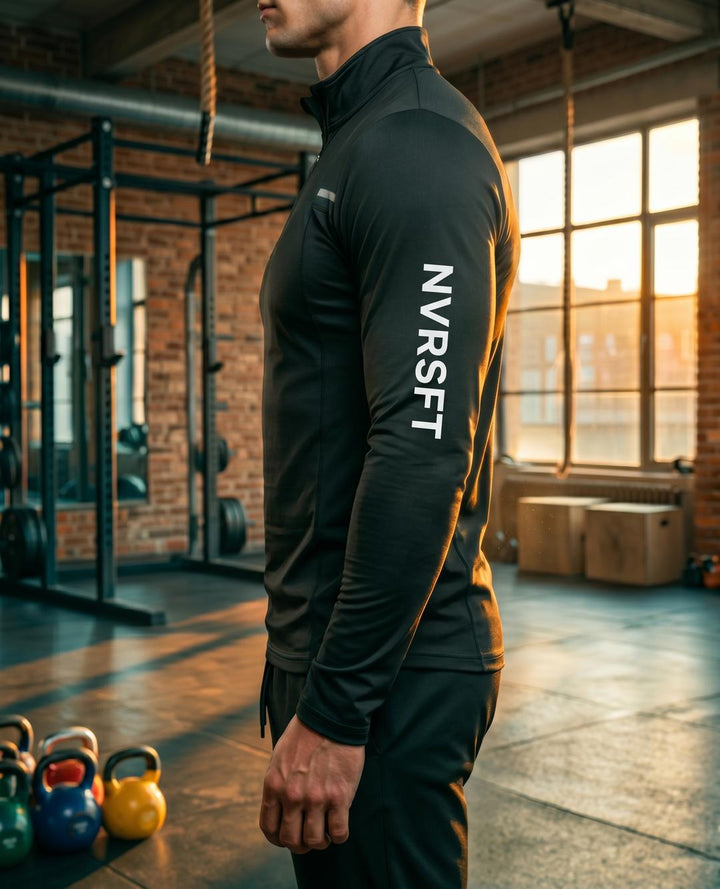 Sudadera Performance de Manga Larga con cierre mediano crema y elementos reflectantes - NVRSFT®
