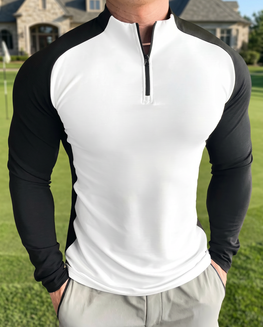 Sudadera de manga larga con cierre quarter zip y corte en hombros - NVRSFT®